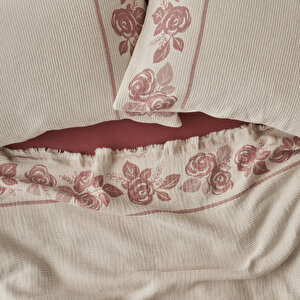 %100 Pamuk Rose Jakarlı Çift Kişilik Yatak Örtüsü Seti Krem (240x260 Cm) Krem