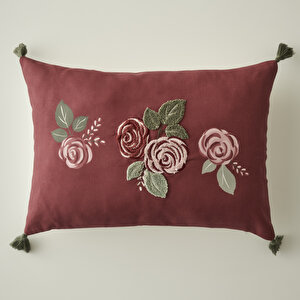 Rose Nakışlı Kırlent Kılıfı Mürdüm (35x50 Cm) Mürdüm