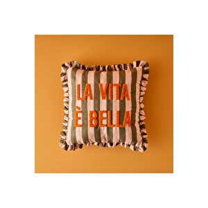 %100 Pamuk Line Punch Nakışlı Fırfırlı Kırlent Kılıfı Yeşil (43x43 Cm) Yeşil