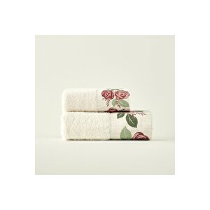 %100 Pamuk Rose Baskılı El Havlusu Krem (30x50 Cm) Krem Krem