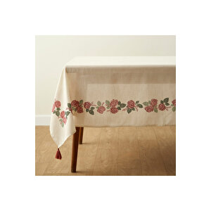 Rose Baskılı Masa Örtüsü Krem (150x250 Cm) Krem