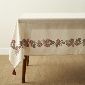 Rose Baskılı Masa Örtüsü Krem (150x250 Cm) Krem