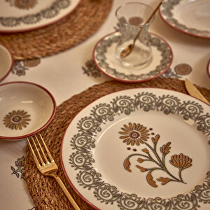 Indian Porselen 26 Parça 6 Kişilik Kahvaltı Takımı Bordo Bordo