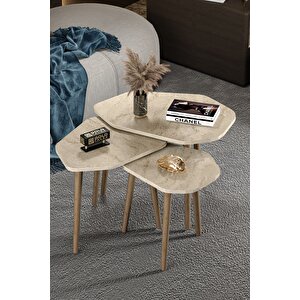 Zigon Sehpa 3'lü Trio Ahşap Yan Sehpa Orta Sehpa Traverten Traverten