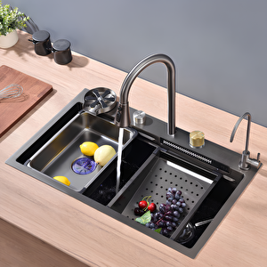 Mutfak Eviyesi Teknolojik Akıllı Eviye Paslanmaz Çelik -NANO PVD Kaplama 75x46cm Siyah