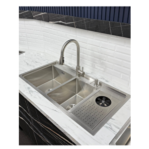 Moderno Double Paslanmaz Çelik Bardak Yıkamalı 2 Gözlü Mutfak Eviyesi -96x50cm Inoks Krom