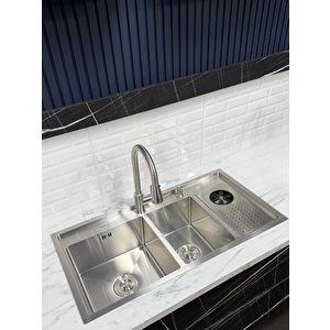 Moderno Double Paslanmaz Çelik Bardak Yıkamalı 2 Gözlü Mutfak Eviyesi -96x50cm Inoks Krom