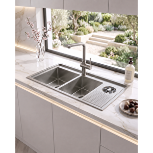Moderno Double- 100x50 cm Paslanmaz Çelik Çift Hazneli Bardak Yıkamalı Mutfak Evyesi- INOKS renk Krom