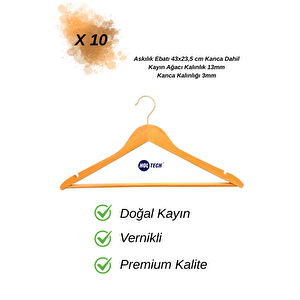 Ahşap Dolap İçi Askı Kıyafet Elbise Ceket Askısı Kayın Ağacı Vernikli 10 Adet Premium Quality