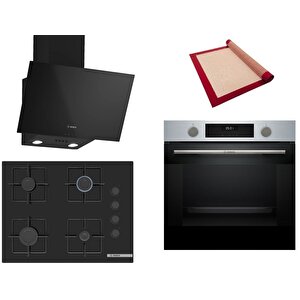 Siyah 3 Lü Ankastre Set 398 ( Hua717br0t - Pop7c6p30o - Dwk63pj60t(61t)  ) 67cm Ocak - Buhar Destekli - Pişirme Matı Ile