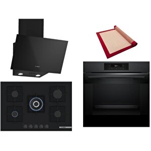 Siyah 3 Lü Ankastre Set 394 ( Hjg852yt0t - Pnq7b6p30o - Dwk63pj60t(61t)  ) 75cm Wok Bek Ocak - 3d Fry Hava Ile Kızartma - Pişirme Matı Ile