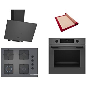 Gri 3 Lü Ankastre Set 397 ( Hua717bn0t - Pop7c9p30o - Dwk64pj70t  ) 67cm Ocak - Buhar Destekli - Pişirme Matı Ile