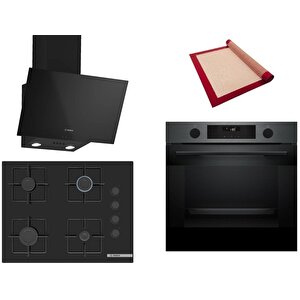 Siyah 3 Lü Ankastre Set 401 ( Hua736eg0t - Pop7c6p30o - Dwk63pj60t(61t)  ) 67cm Ocak - Buhar Destekli - Pişirme Matı Ile