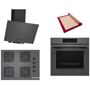 Gri 3 Lü Ankastre Set 405 ( Hjg852yn0t - Pop7c9p30o - Dwk64pj70t  ) 67cm Ocak - 3d Fry Hava Ile Kızartma - Pişirme Matı Ile