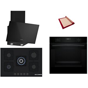 Siyah 3 Lü Ankastre Set 384 ( Hua717ba0t - Pnq7b6p30o - Dwk63pj60t(61t)  ) 75cm Wok Bek Ocak - Buhar Destekli - Pişirme Matı Ile