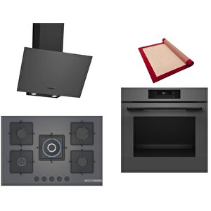 Gri 3 Lü Ankastre Set 393 ( Hjg852yn0t - Pnq7b9p30o - Dwk64pj70t  ) 75cm Wok Bek Ocak - 3d Fry Hava Ile Kızartma - Pişirme Matı Ile