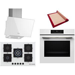 Beyaz 3 Lü Ankastre Set 395 ( Hjg852yw0t - Pnq7b2p30o - Dwk63pj20t  ) 75cm Wok Bek Ocak - 3d Fry Hava Ile Kızartma - Pişirme Matı Ile