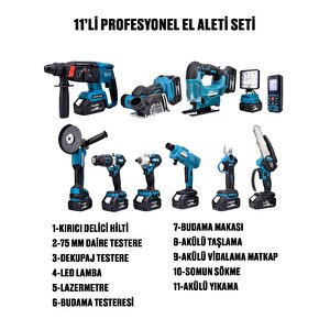 Dawreektech 11'li Şarjlı Pro Set Kırıcı-taşlama-matkap-budama Makas Testeresi -yıkama-dekupaj 