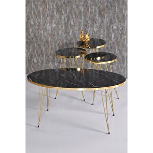 Zigon Sehpa Ve Orta Sehpa Elips Set Gold Bendir Tel Siyah Mermer Desenli