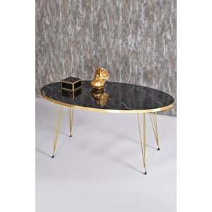 Zigon Sehpa Ve Orta Sehpa Elips Set Gold Bendir Tel Siyah Mermer Desenli