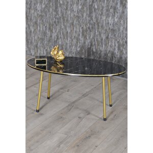 Orta Sehpa Bendir Elips Metal Ayak Çift Gold Siyah Mermer Desenli