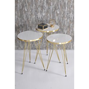 Zigon Sehpa Ve Orta Sehpa Beyaz Elips Set Tel Ayak Gold