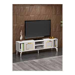 Tv Sehpası Tv Ünitesi Beyaz Gold 160 Cm Linya 5042 Sarı