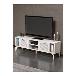 Tv Sehpası Tv Ünitesi Beyaz Gümüş 160 Cm Linya 5043 Gri