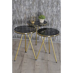 Zigon Sehpa Ve Orta Sehpa Kr Set Çift Gold Bendir Metal Siyah Mermer Desenli