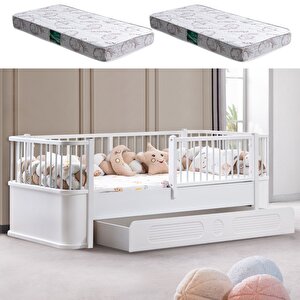 Yavrulu Karyola, Antalya Montessori Yavrulu Yatak - Beyaz + 2 Adet Comfort Yatak