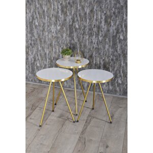Zigon Sehpa Ve Orta Sehpa Kr Gold Metal Ayak Gold Beyaz Set Beyaz