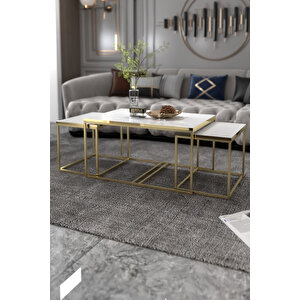 Orta Sehpa Ve Zigon Yan Sehpa Flora Set Gold Beyaz Sarı