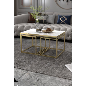 Orta Sehpa Ve Zigon Yan Sehpa Flora Set Gold Beyaz