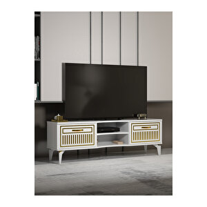 Tv Sehpası Tv Ünitesi Vera Beyaz Gold Çizgili 5052 Altın
