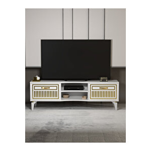 Tv Sehpası Tv Ünitesi Vera Beyaz Gold Çizgili 5052 Altın