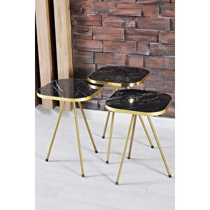 Zigon Sehpa 34*34 Altın Bendir Siyah Mermer Desenli