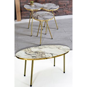 Zigon Sehpa Ve Orta Sehpa Elips Gold Metal Ayak Gold Efes Set Beyaz Mermer