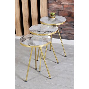 Zigon Sehpa Ve Orta Sehpa Elips Gold Metal Ayak Gold Efes Set Beyaz Mermer