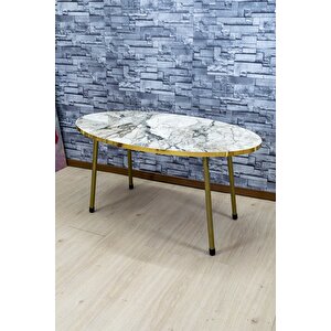 Zigon Sehpa Ve Orta Sehpa Elips Gold Metal Ayak Gold Efes Set Beyaz Mermer