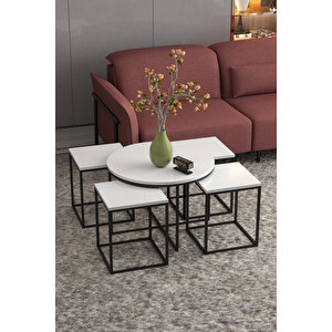 Orta Sehpa Ve Zigon Sehpa Oval Lüx 5'li Set Beyaz Beyaz