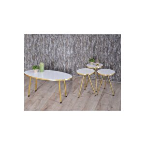 Zigon Sehpa Ve Orta Sehpa Elips Set  Altın Metal Ayak Altın Beyaz Beyaz
