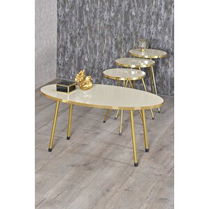 Zigon Sehpa Ve Orta Sehpa Elips Gold Metal Ayak Gold Krem Set Krem