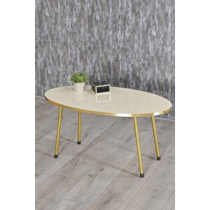 Zigon Sehpa Ve Orta Sehpa Elips Gold Metal Ayak Gold Krem Set Krem
