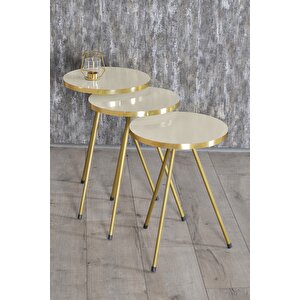 Zigon Sehpa Ve Orta Sehpa Elips Gold Metal Ayak Gold Krem Set Krem