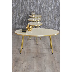 Zigon Sehpa Ve Orta Sehpa Elips Gold Metal Ayak Gold Krem Set