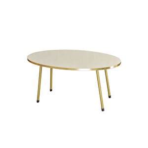 Zigon Sehpa Ve Orta Sehpa Elips Gold Metal Ayak Gold Krem Set