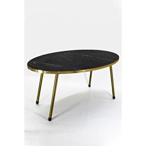 Orta Sehpa Elips Gold Metal Ayak Bendir Gold Siyah Mermer Desenli
