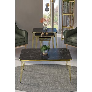 Zigon Sehpa Kr Ve Orta Sehpa Kr Set Çift Gold Bendir Tel 1113 Siyah Mermer Desenli