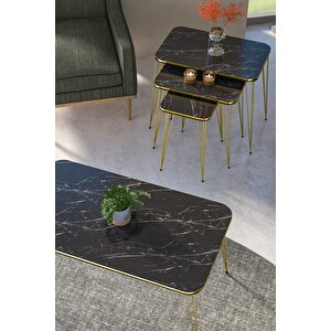 Zigon Sehpa Kr Ve Orta Sehpa Kr Set Çift Gold Bendir Tel 1113 Siyah Mermer Desenli