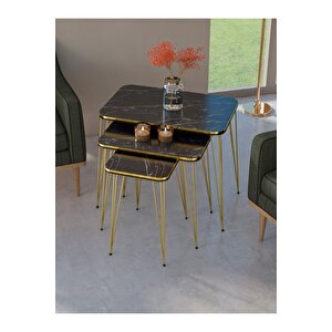 Zigon Sehpa Kr Ve Orta Sehpa Kr Set Çift Gold Bendir Tel 1113 Siyah Mermer Desenli